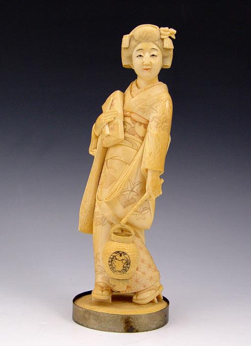 Appraisal: SIGNED JAPANESE CARVED IVORY FIGURE Geisha figure with lantern Nicely