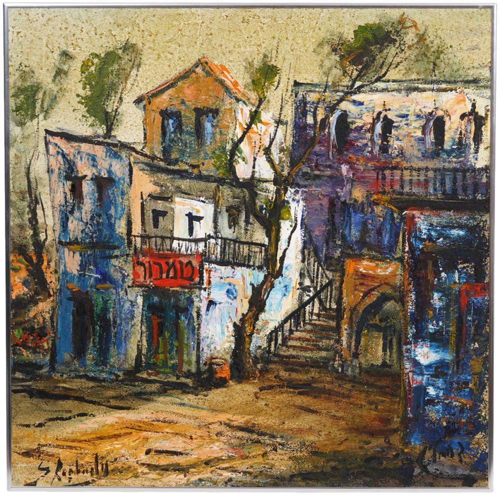 Appraisal: ZVI RAPHAELI OIL ON BOARD PAINTING OF VILLAGEZvi Raphaeli Israel