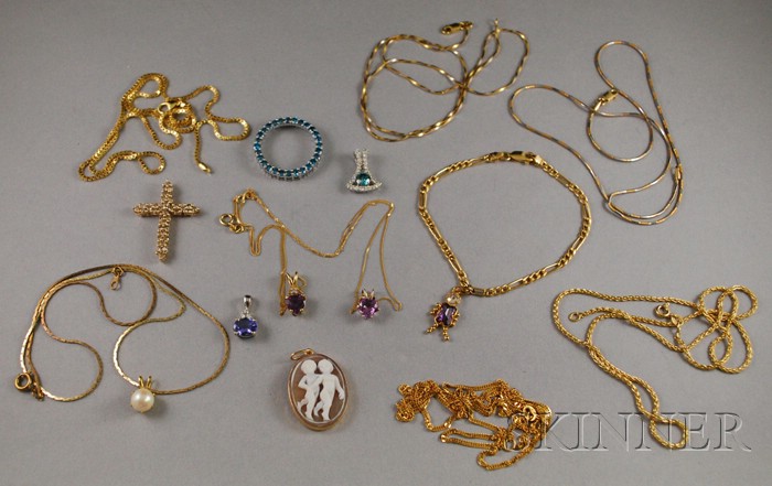 Appraisal: Group of Gold Chains and Gem-set Pendants one kt gold