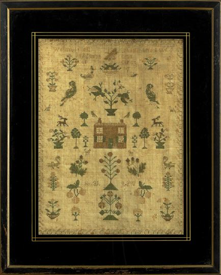 Appraisal: Large English Embroidered Linen Sampler first quarter th century by