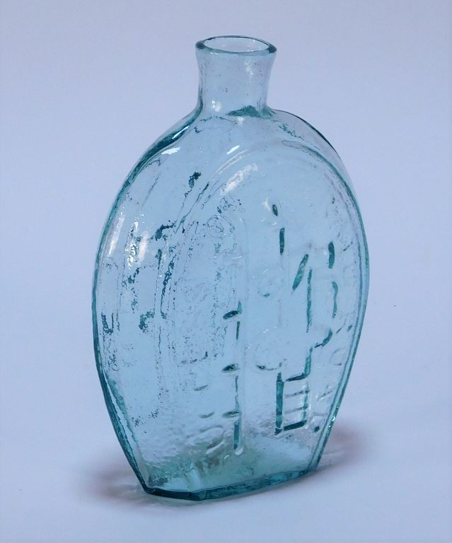 Appraisal: GV- Lancaster Glass Pictorial Railroad Flask New York - Grey-blue