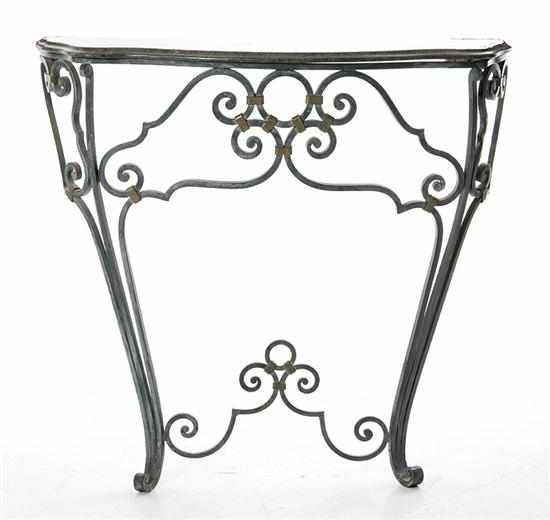 Appraisal: French Art Deco marbletop wrought-metal D-shape console early th century