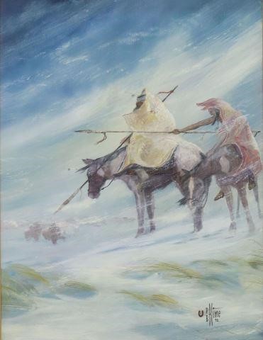 Appraisal: Framed oil on board painting Native American Braves in a