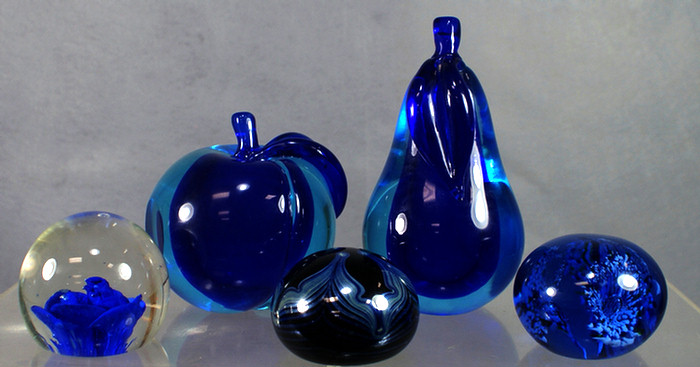 Appraisal: assorted blue blown glass paperweights fruit and floral designs misc