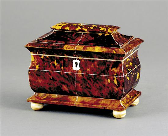 Appraisal: Regency style inlaid shell tea caddy sarcophagus form with coffered