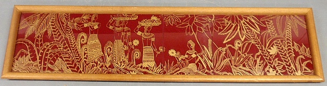 Appraisal: - Framed gilt drawing on red glass six-panel Polynesian tableau