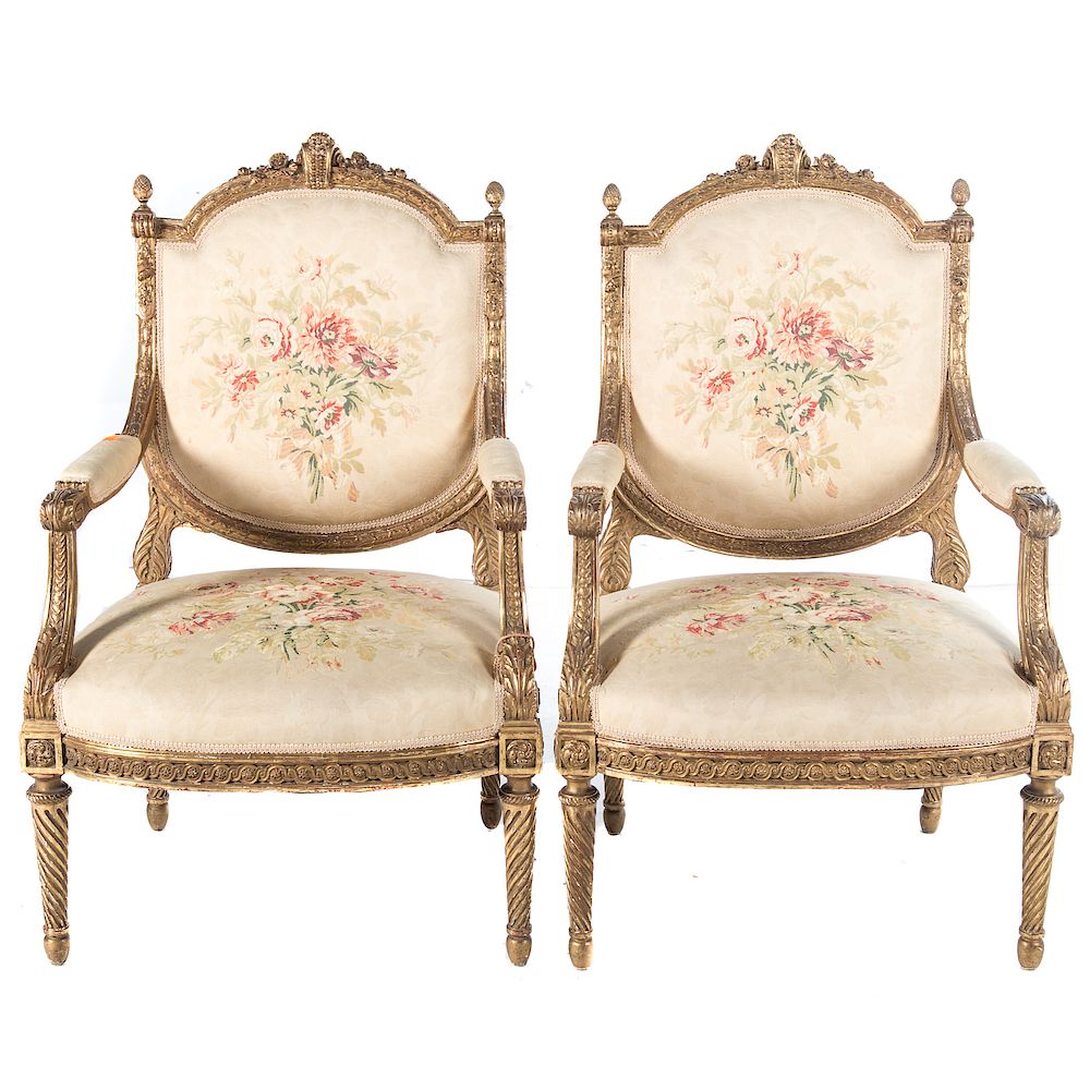 Appraisal: Pair Louis XVI Style Carved Giltwood Fauteuils late th early