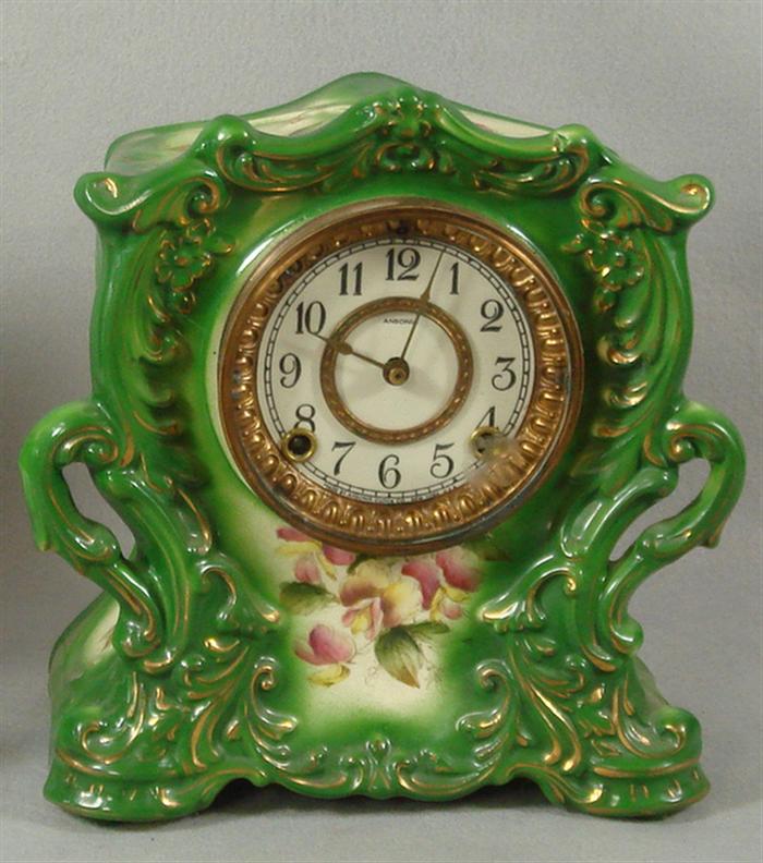 Appraisal: Ansonia green floral decorated Theory china case clock paper dial