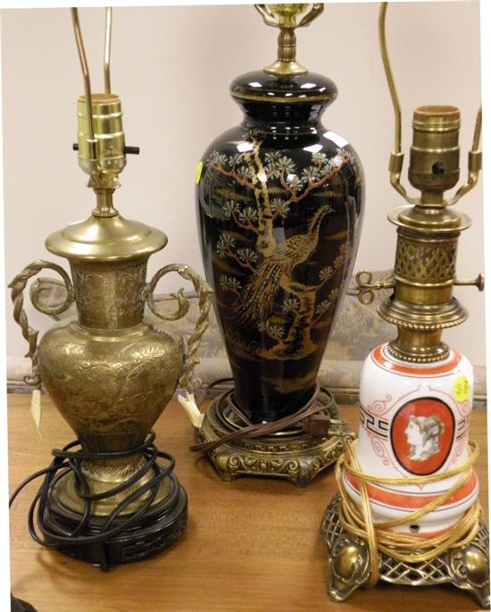 Appraisal: Three lamps an Oriental style brass an Oriental style porcelain