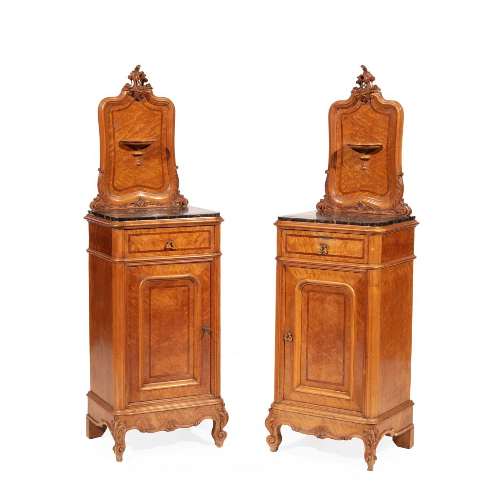 Appraisal: Pair of French Rococo-Style Carved and Inlaid Birdseye Maple Bedside