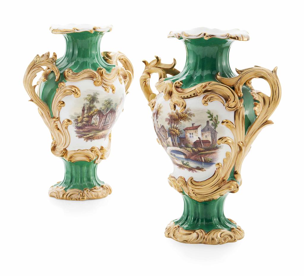 Appraisal: PAIR OF ENGLISH PAINTED PORCELAIN VASES TH CENTURY each modelled