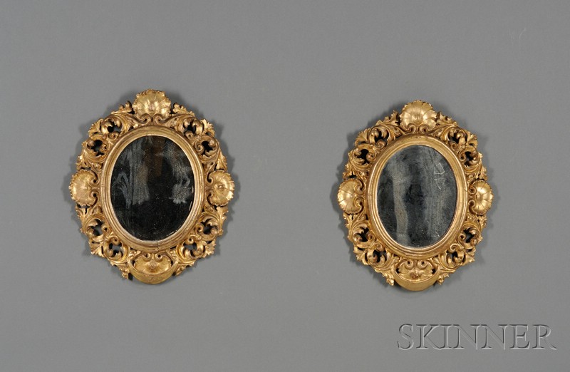 Appraisal: Pair of Small Italian Rococo-style Giltwood Mirrors late th century