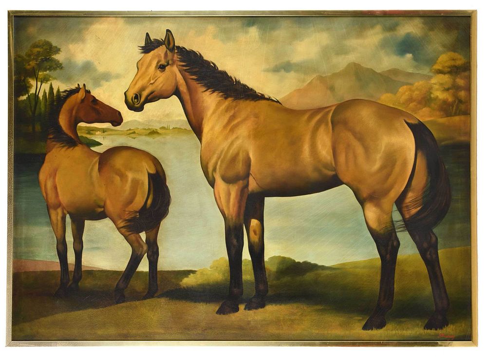 Appraisal: American Equestrian Painting th century Two Morgan Horses by a