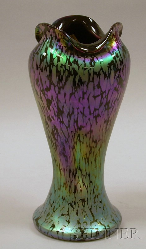 Appraisal: Loetz-style Iridescent Oil Spot Pattern Art Glass Vase with rolled