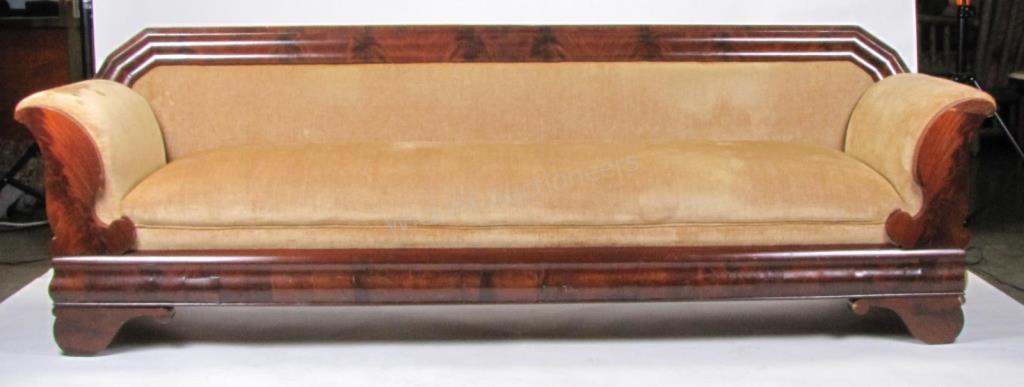 Appraisal: An antique fainting sofa mahogany frame with burl veneer ca