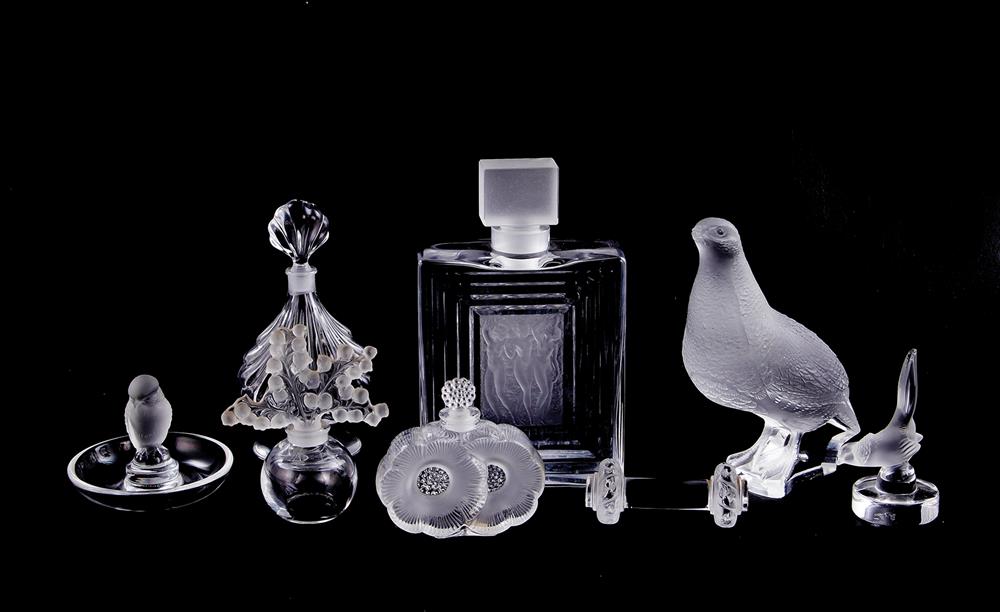 Appraisal: Lalique and Baccarat crystal objects decanter H perfume bottles H