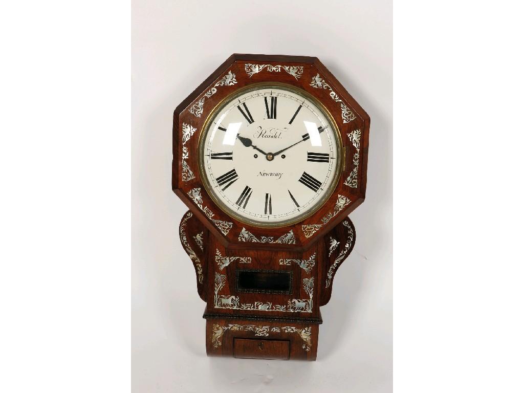 Appraisal: A REGENCY ROSEWOOD AND MOTHER-OF-PEARL INLAID DROP-DIAL WALL CLOCK the