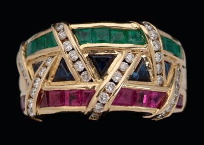 Appraisal: Le Vian multi-gemstone ring kt yellow gold interlocking style band