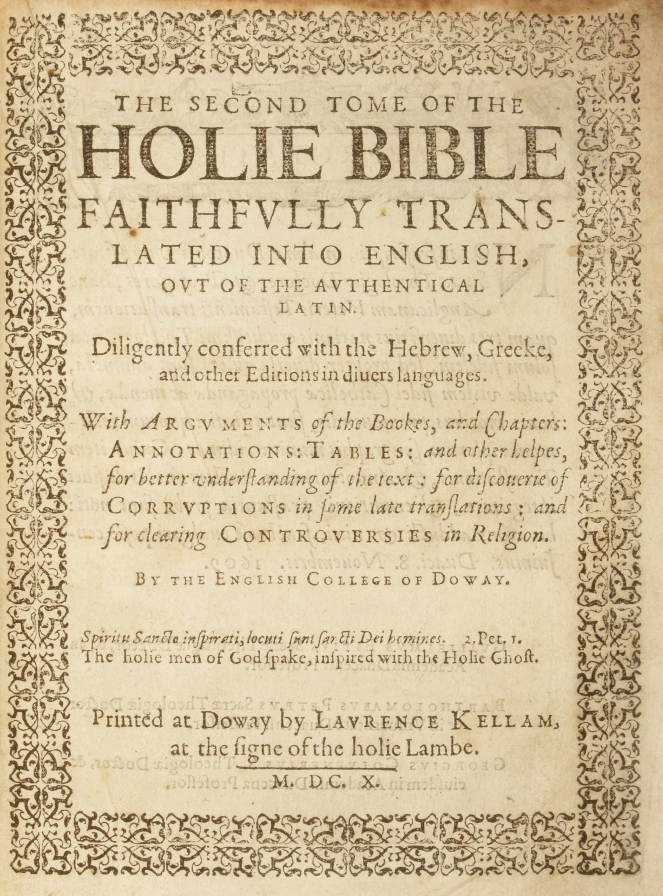 Appraisal: BIBLE IN ENGLISH The Second Tome of the Holie Bible