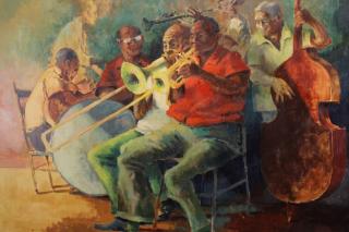 Appraisal: Signed th C American Jazz Band Oil Canvas American Jazz