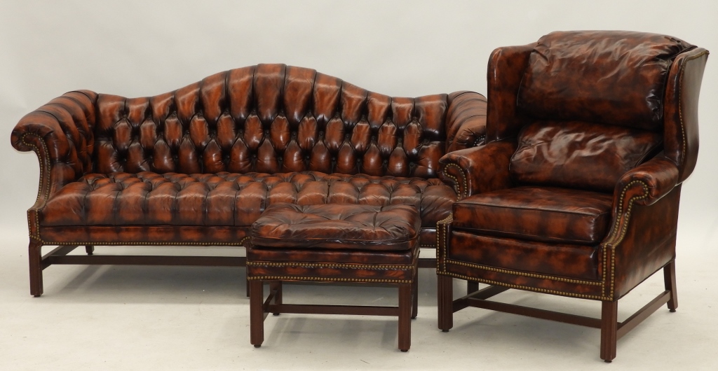 Appraisal: NORTH HICKORY CHESTERFIELD LEATHER SOFA WING CHAIR North Carolina th