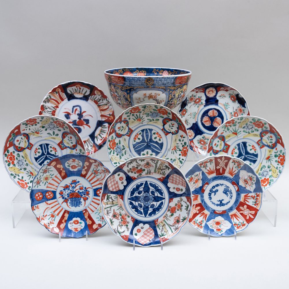 Appraisal: Group of Eight Japanese Imari Porcelain Plates and a Serving