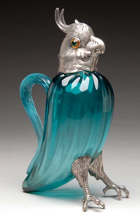 Appraisal: GLASS AND SILVER PARROT JUG Wonderful decorative lided jug has