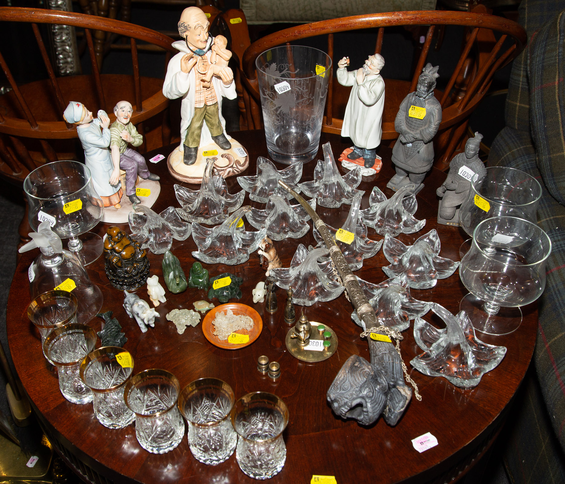 Appraisal: ASSORTED DECORATIVE ITEMS Includes glass flowers ceramic medical figures large