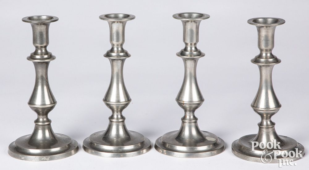 Appraisal: Set of four pewter candlesticks th c Set of four