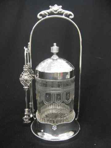 Appraisal: Victorian Silverplate Pickle Castor fancy pattern glass insert with tongs