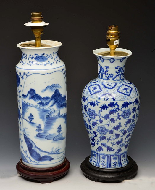 Appraisal: TWO CHINESE BLUE AND WHITE PORCELAIN TABLE LAMPS of cylindrical