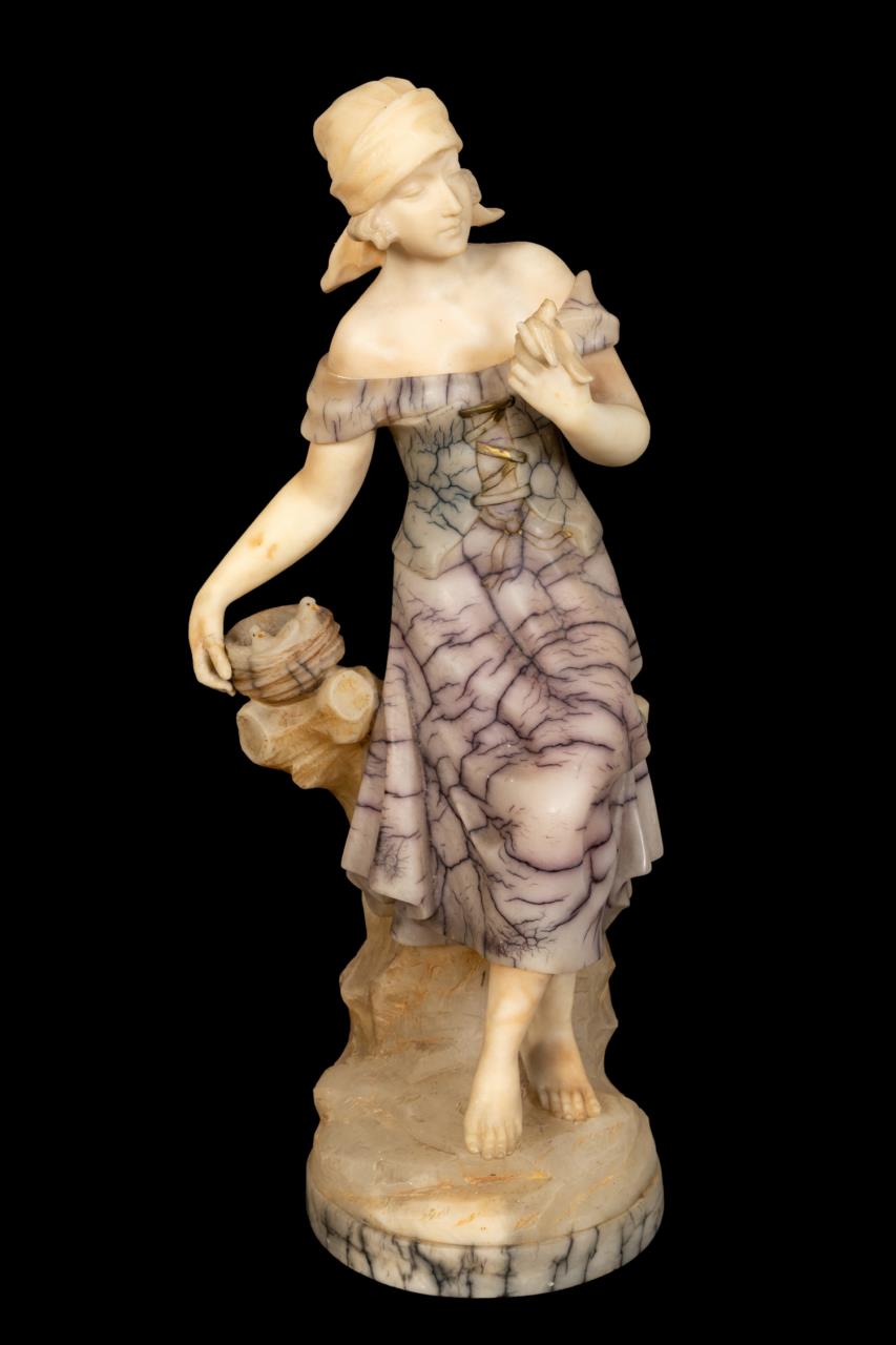 Appraisal: ITALIAN SCHOOL ALABASTER SCULPTURE LADY WITH BIRDS Italian School untitled