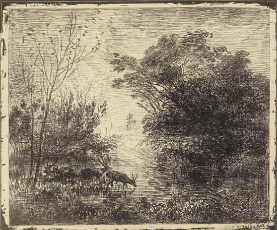 Appraisal: CHARLES-FRAN OIS DAUBIGNY Les Cerfs Clich -verre x mm x