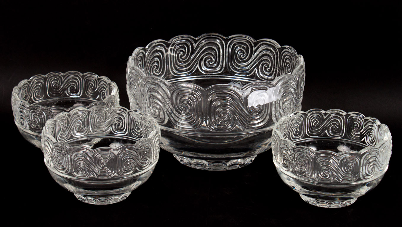 Appraisal: Tiffany four-piece glass fruit bowl set molded scalloped border acid