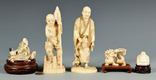 Appraisal: Ivory Okimono and Netsuke Figures Carved Ivory Okimono and Netsuke