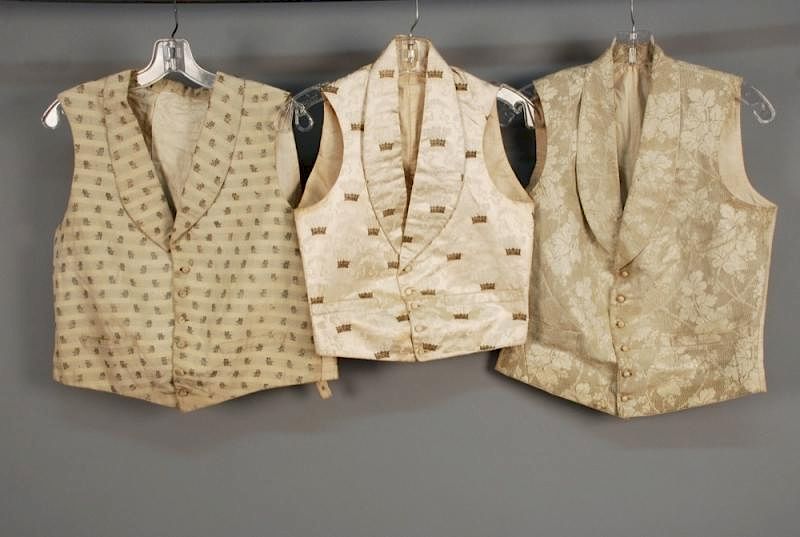 Appraisal: THREE GENTS METALLIC BROCADE WAISTCOATS th C One cream and