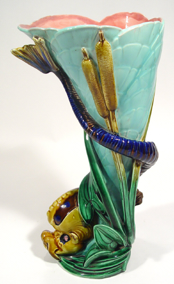 Appraisal: Large Sarreguemines majolica pottery vase the turquoise body surmounted with