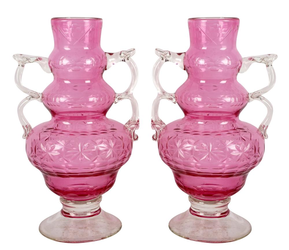 Appraisal: PAIR OF CLEAR PINK CUT-GLASS VASESunmarked inches high Condition