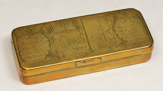 Appraisal: A GEORGIAN BRASS TOBACCO BOX of rectangular form with engraved