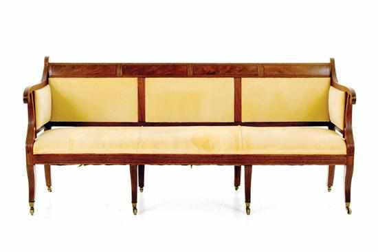 Appraisal: Regency inlaid mahogany sofa mid th century shaped crestrail above