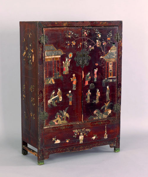 Appraisal: Chinese lacquerware cabinet late th c with applied hardstone decoration