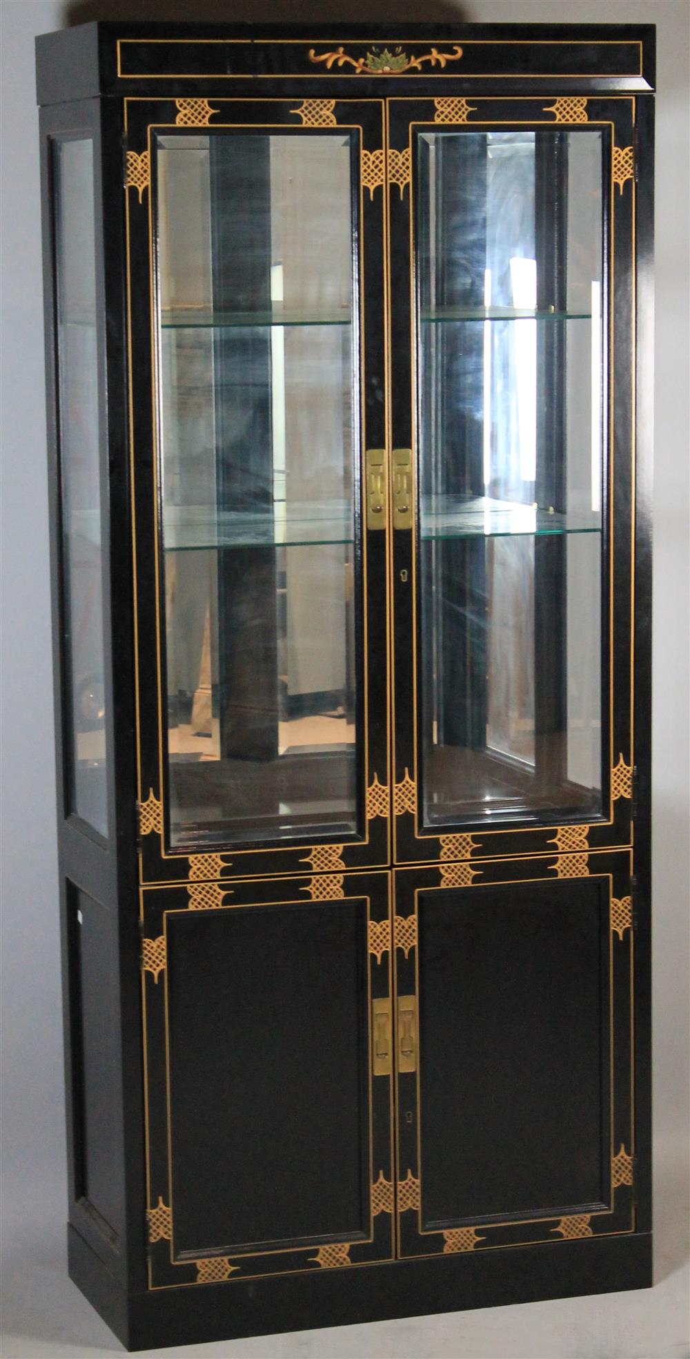 Appraisal: CONTEMPORARY CHINOISERIE BLACK PAINTED GLASS CABINET ELECTRIFIED straight top over