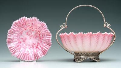 Appraisal: Mother-of-pearl glass bride's basket lobed and swirled bowl waved upper