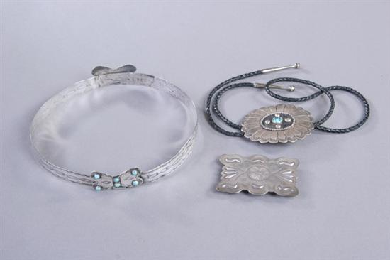 Appraisal: THREE PIECES NAVAJO HAND-WROUGHT TURQUOISE AND STERLING SILVER JEWELRY One