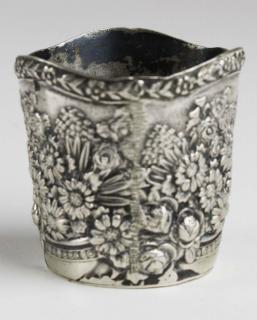 Appraisal: Floral repousse coin silver toothpick holder molded in three parts