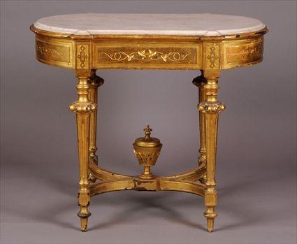 Appraisal: RENAISSANCE REVIVAL CARVED GILTWOOD MARBLE-TOP CENTER TABLE The cartouche-shaped top