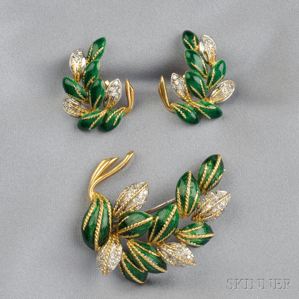 Appraisal: kt Gold Enamel and Diamond Suite comprising a brooch and