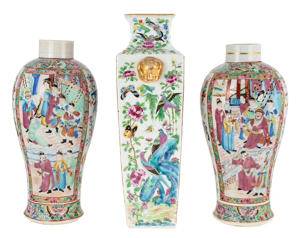 Appraisal: A GROUP OF THREE CHINESE PORCELAIN FAMILLE ROSE VASES LATE