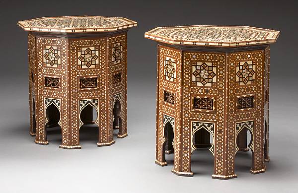 Appraisal: A pair of Levantine shell inlaid parquetry hardwood octagonal tables