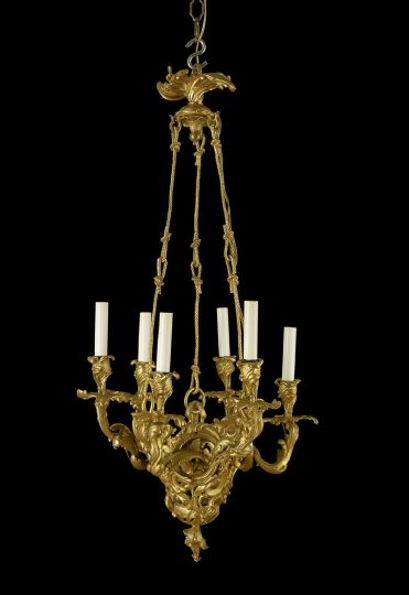 Appraisal: French Gilt-Brass Six-Light Chandelier of reticulated corbeille form in the